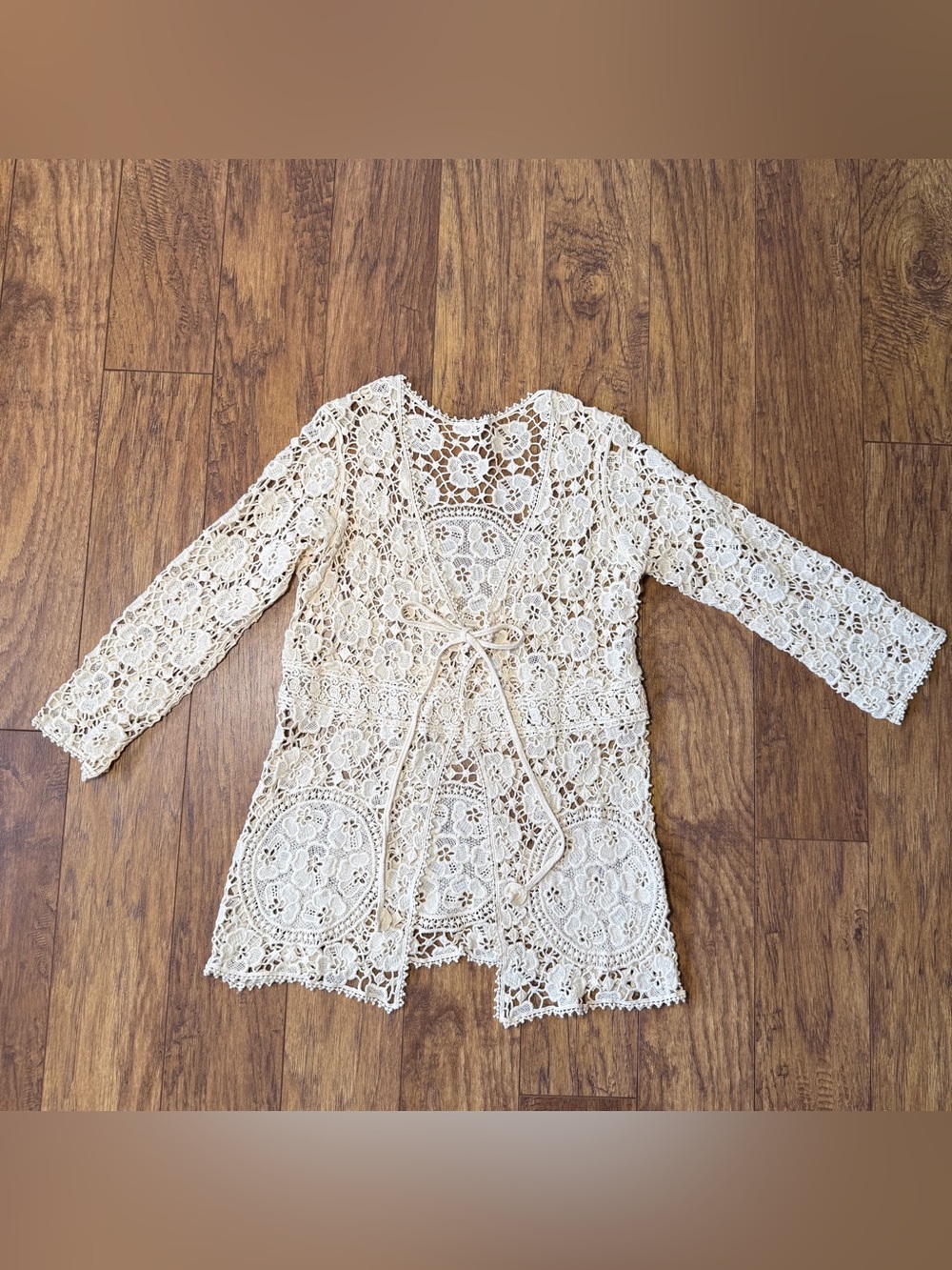 Vintage Crochet Lace Cardigan Floral Open Knit Tie Front Boho Cottagecore Top